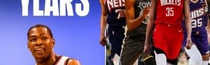 杜兰特生涯前9年效力于雷霆 近9年分别效力勇士篮网太阳火箭